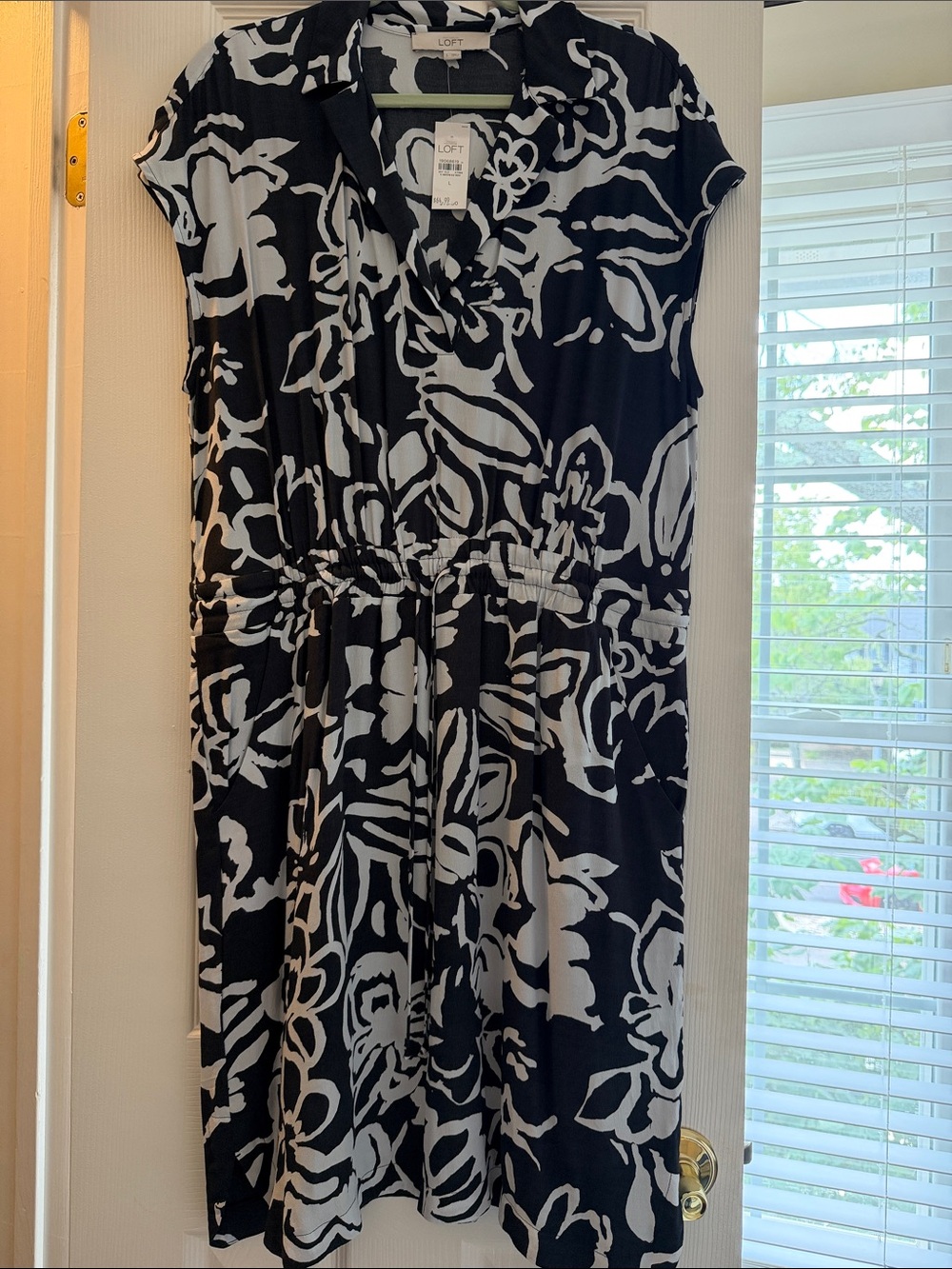 LOFT Gret and White Floral Drawstring Waist Dress with V-Neck